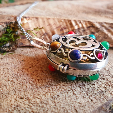 Bola Necklace 'Ohm Shanti' Silver & 7 Stones Chakras / Pregnancy / Harmony Ball / Chimes / Bell / Vegan / Ethnic / Boho / Tribal / Rustic