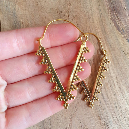 Geometric Tribal Triangle Aztec Style Brass Earrings; Ethnic, Geometric, rustic, yoga, hippie, gypsy, pretty, psy, boho, bohemian, festival