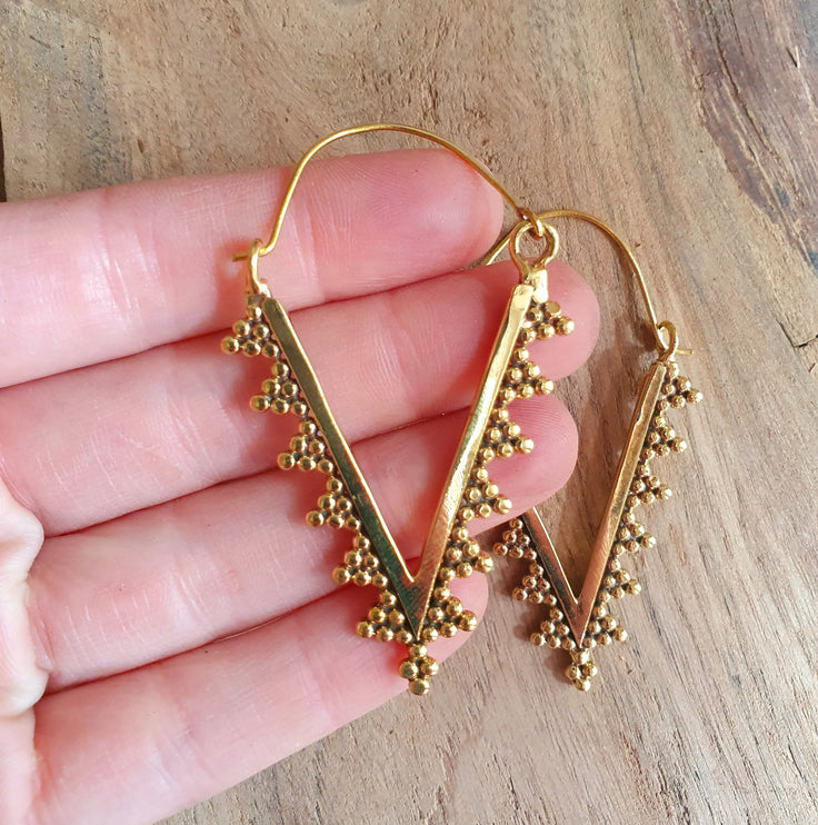 Geometric Tribal Triangle Aztec Style Brass Earrings; Ethnic, Geometric, rustic, yoga, hippie, gypsy, pretty, psy, boho, bohemian, festival