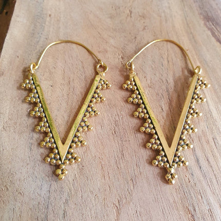 Geometric Tribal Triangle Aztec Style Brass Earrings; Ethnic, Geometric, rustic, yoga, hippie, gypsy, pretty, psy, boho, bohemian, festival