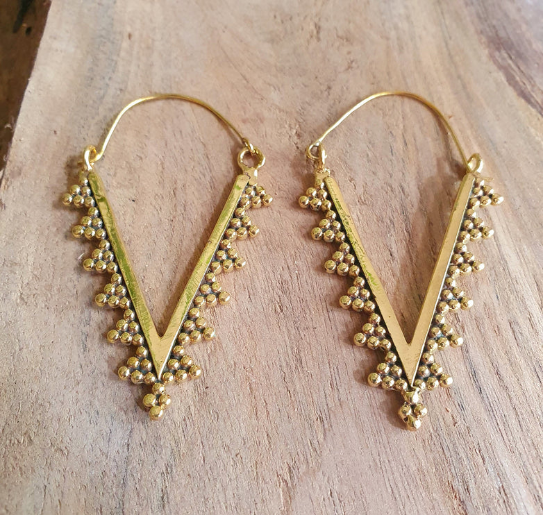 Geometric Tribal Triangle Aztec Style Brass Earrings; Ethnic, Geometric, rustic, yoga, hippie, gypsy, pretty, psy, boho, bohemian, festival