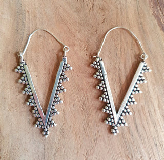 Geometric Tribal Triangle Aztec Style Silver Earrings; Ethnic, Geometric, rustic, yoga, hippie, gypsy, pretty, psy, boho, bohemian, festival