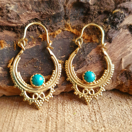 Small Boho Hoops Turquoise Brass Earrings / Triangle / Mandala / Ethnic / Rustic / Yoga / Hippie / Gypsy / Psy / Bohemian / Festival