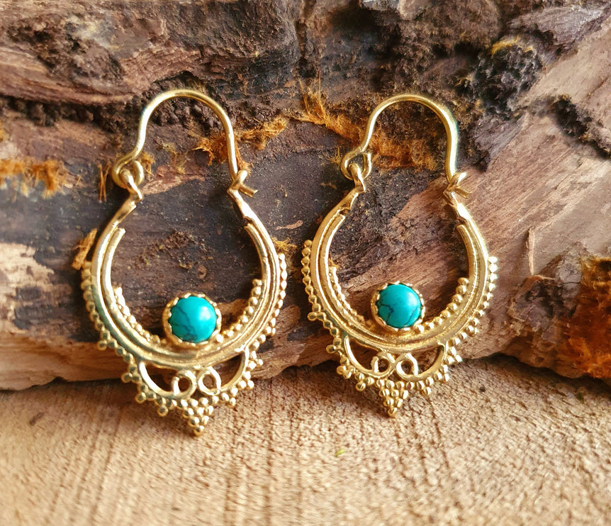 Small Boho Hoops Turquoise Brass Earrings / Triangle / Mandala / Ethnic / Rustic / Yoga / Hippie / Gypsy / Psy / Bohemian / Festival