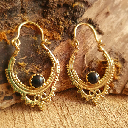 Black Onyx Small Boho Hoops Brass Earrings / Triangle / Mandala / Ethnic / Rustic / Yoga / Hippie / Gypsy / Psy / Bohemian / Festival