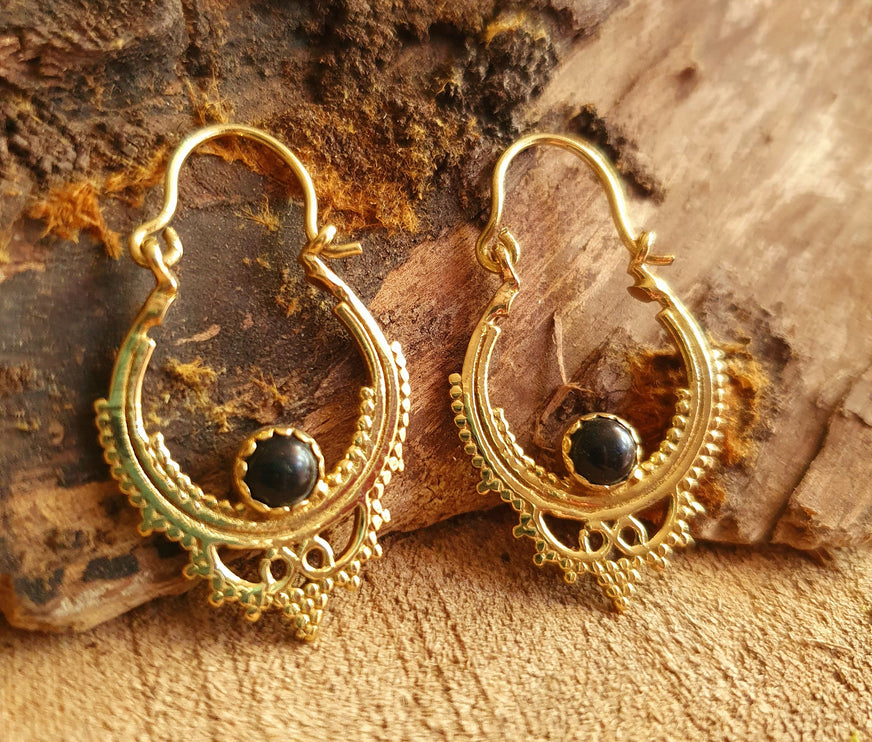 Black Onyx Small Boho Hoops Brass Earrings / Triangle / Mandala / Ethnic / Rustic / Yoga / Hippie / Gypsy / Psy / Bohemian / Festival