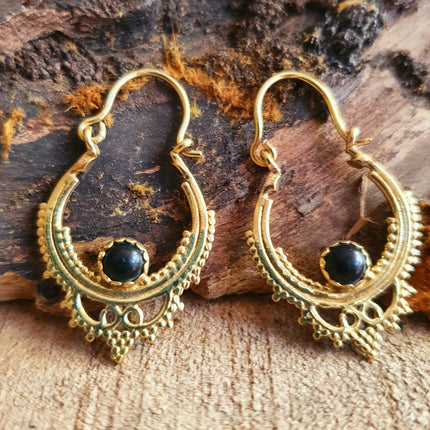 Black Onyx Small Boho Hoops Brass Earrings / Triangle / Mandala / Ethnic / Rustic / Yoga / Hippie / Gypsy / Psy / Bohemian / Festival