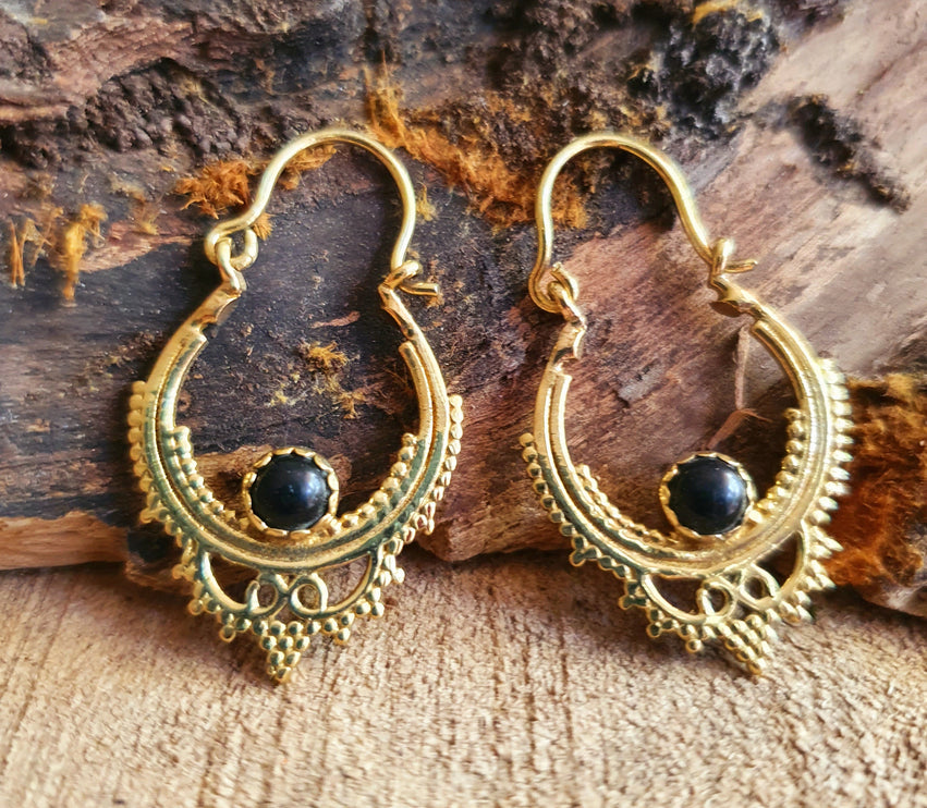 Black Onyx Small Boho Hoops Brass Earrings / Triangle / Mandala / Ethnic / Rustic / Yoga / Hippie / Gypsy / Psy / Bohemian / Festival