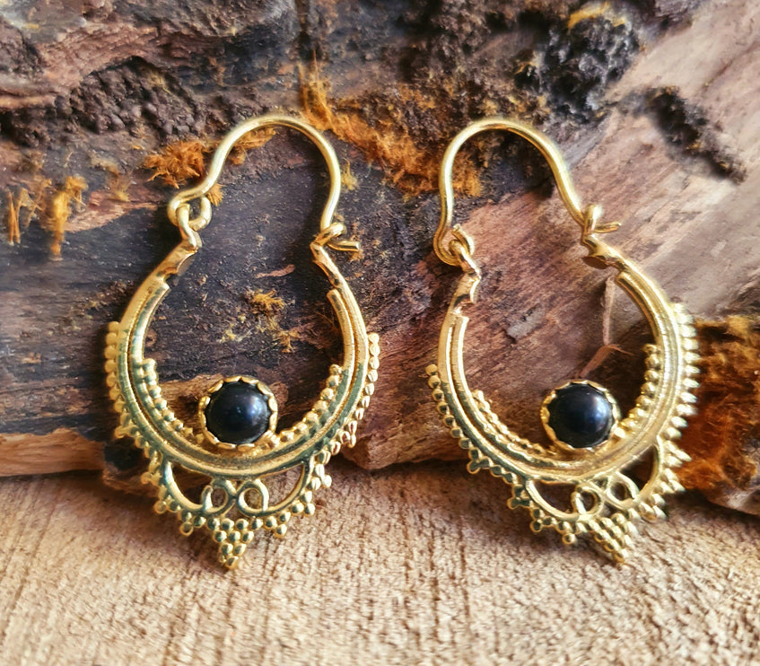 Black Onyx Small Boho Hoops Brass Earrings / Triangle / Mandala / Ethnic / Rustic / Yoga / Hippie / Gypsy / Psy / Bohemian / Festival