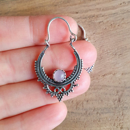 Mini Boho Hoops Rose Quartz Silver Earrings / Triangle / Mandala / Ethnic / Rustic / Yoga / Hippie / Gypsy / Psy / Bohemian / Festival