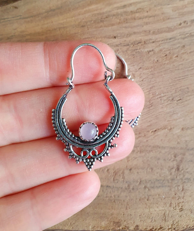 Mini Boho Hoops Rose Quartz Silver Earrings / Triangle / Mandala / Ethnic / Rustic / Yoga / Hippie / Gypsy / Psy / Bohemian / Festival