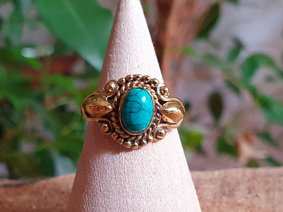 Boho Turquoise Brass Ring / Ethnic / Rustic / Festival / Tribal / Blue / Hippie / Gypsy / Psy / Stone / Healing