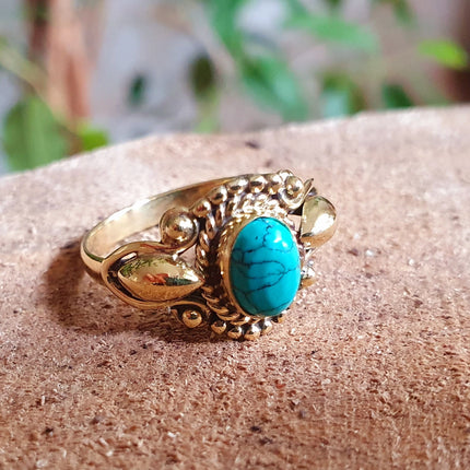 Boho Turquoise Brass Ring / Ethnic / Rustic / Festival / Tribal / Blue / Hippie / Gypsy / Psy / Stone / Healing