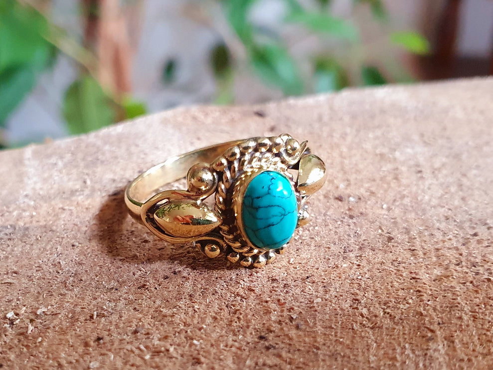 Boho Turquoise Brass Ring / Ethnic / Rustic / Festival / Tribal / Blue / Hippie / Gypsy / Psy / Stone / Healing