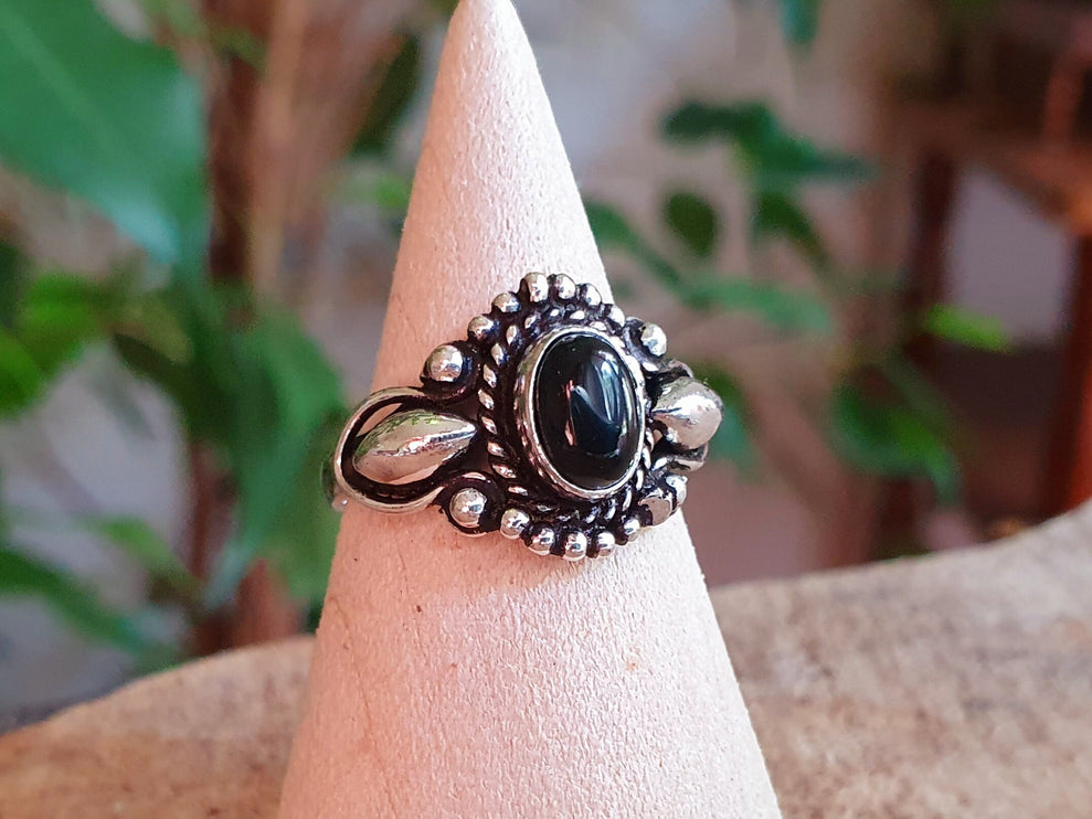 Boho Indian Black Onyx Silver Ring / Ethnic / Rustic / Festival / Tribal / Black / Hippie / Gypsy / Psy / Stone / Healing / Adjustable