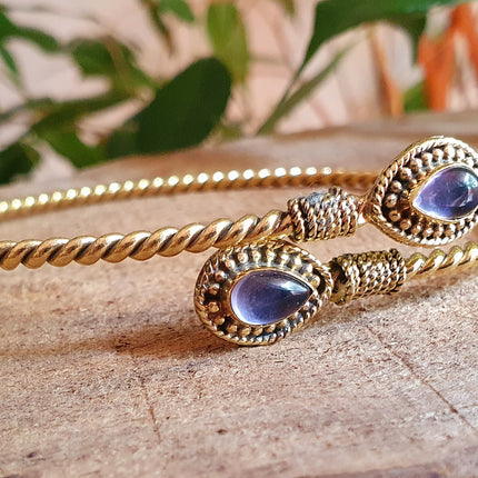 Arm Bracelet Brass & Amethyst / Tribal / Spiral / Boho / Bangle/ Ethnic / Rustic / Bohemian / Hippie / Gypsy / Psy / Adjustable