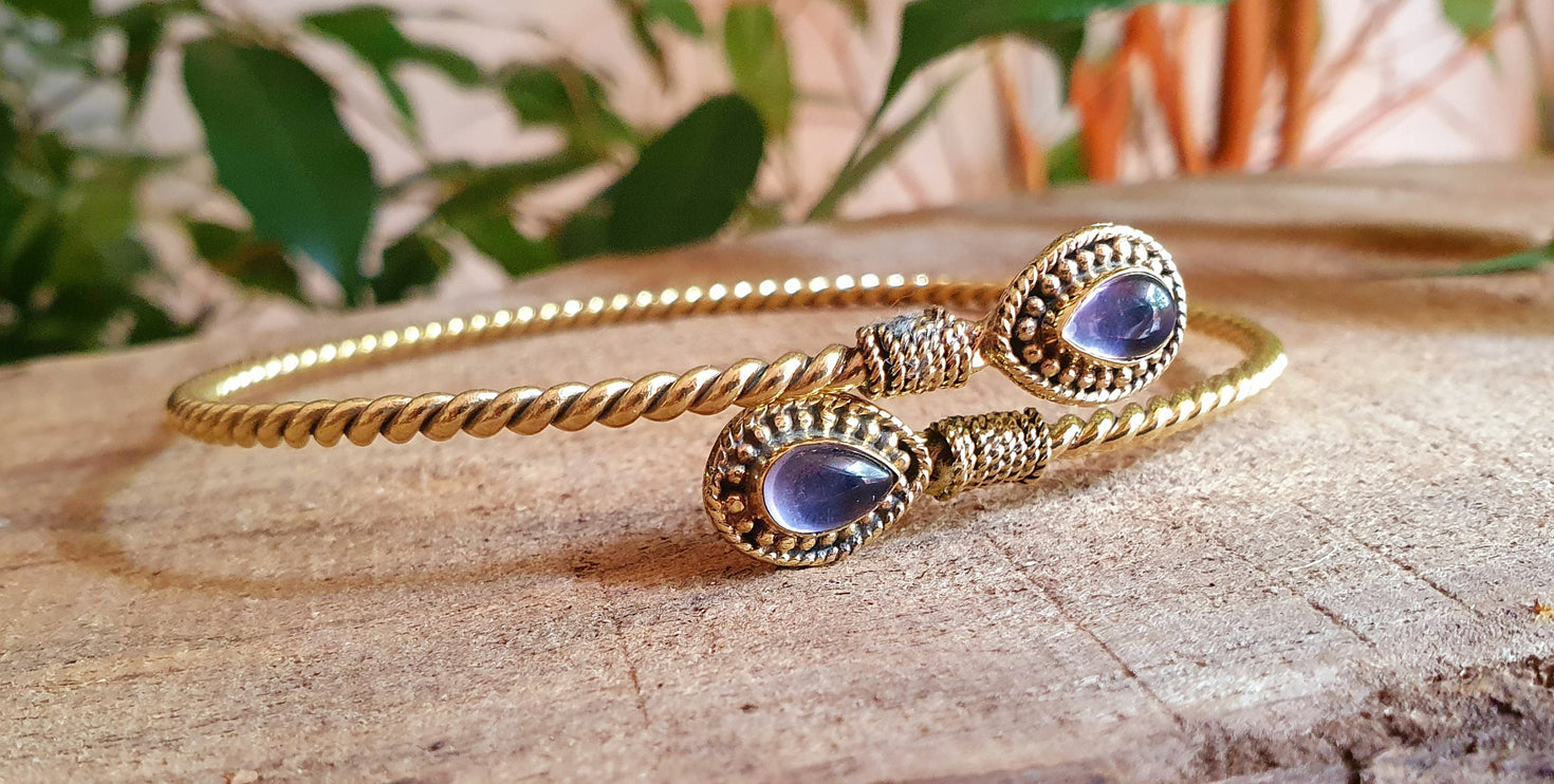 Arm Bracelet Brass & Amethyst / Tribal / Spiral / Boho / Bangle/ Ethnic / Rustic / Bohemian / Hippie / Gypsy / Psy / Adjustable