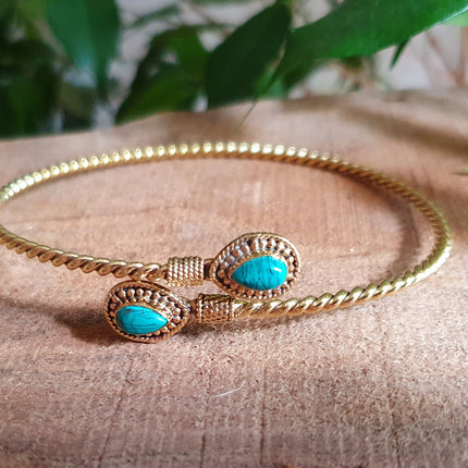 Arm Bracelet Brass & Turquoise / Tribal / Spiral / Boho / Bangle/ Ethnic / Rustic / Bohemian / Hippie / Gypsy / Psy / Adjustable