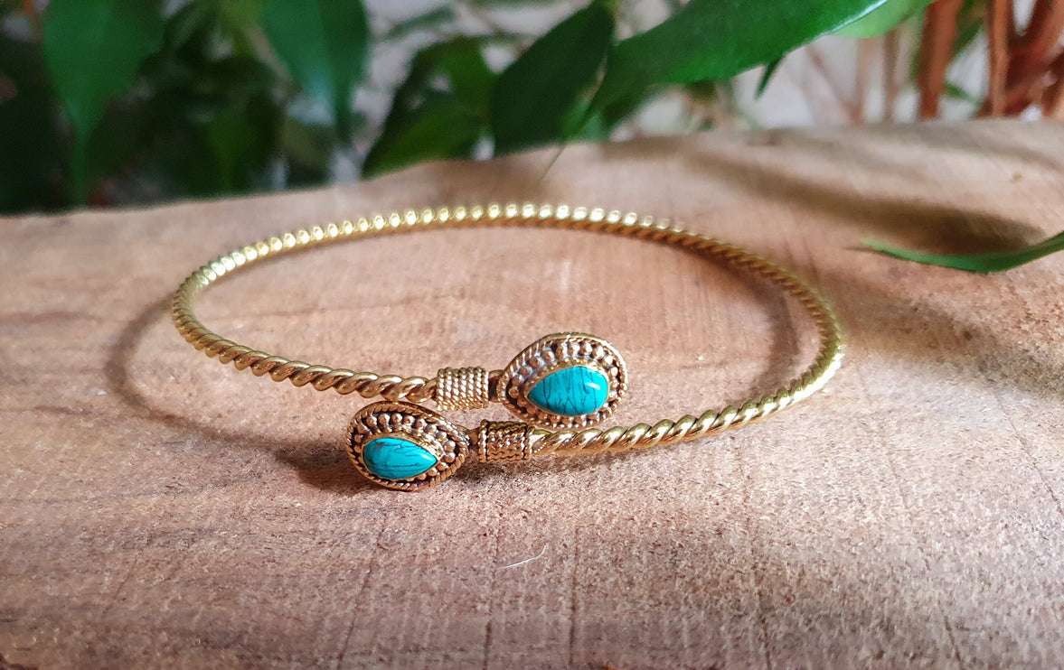 Arm Bracelet Brass & Turquoise / Tribal / Spiral / Boho / Bangle/ Ethnic / Rustic / Bohemian / Hippie / Gypsy / Psy / Adjustable