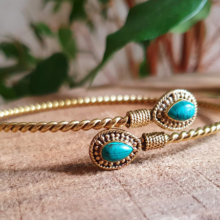 Arm Bracelet Brass & Turquoise / Tribal / Spiral / Boho / Bangle/ Ethnic / Rustic / Bohemian / Hippie / Gypsy / Psy / Adjustable