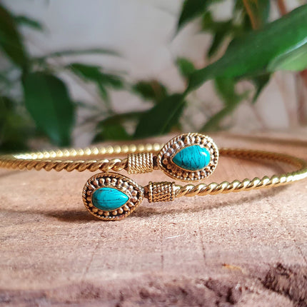 Arm Bracelet Brass & Turquoise / Tribal / Spiral / Boho / Bangle/ Ethnic / Rustic / Bohemian / Hippie / Gypsy / Psy / Adjustable