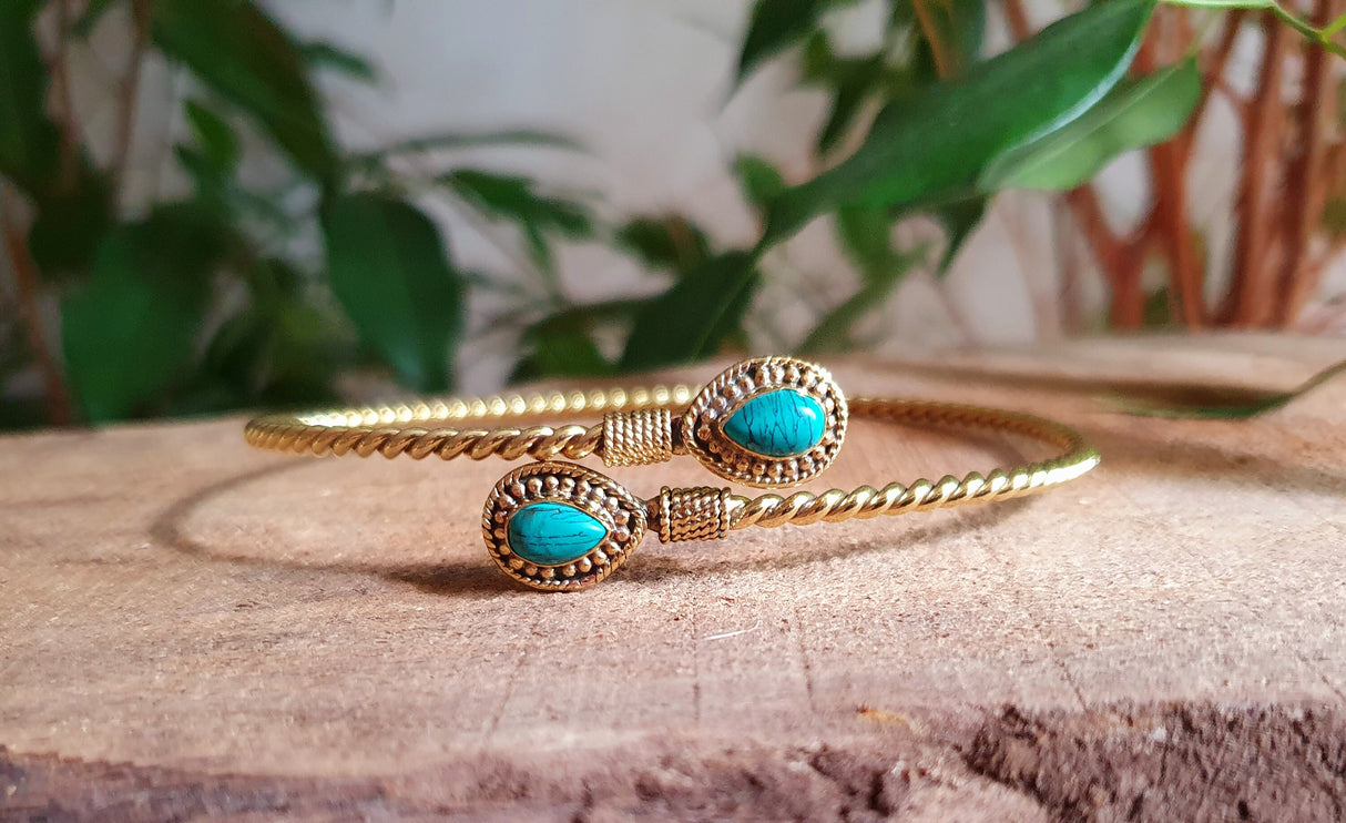 Arm Bracelet Brass & Turquoise / Tribal / Spiral / Boho / Bangle/ Ethnic / Rustic / Bohemian / Hippie / Gypsy / Psy / Adjustable