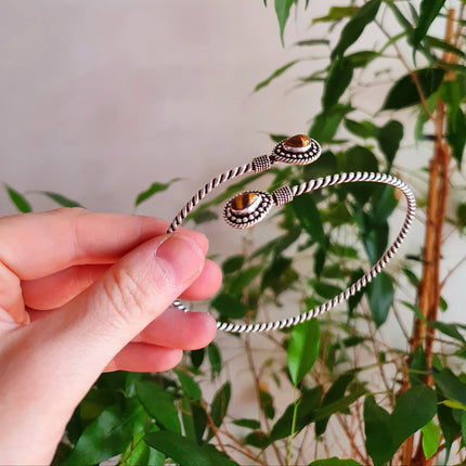 Silver Arm Bracelet Brass & Tiger Eye / Tribal / Spiral / Boho / Bangle/ Ethnic / Rustic / Bohemian / Hippie / Gypsy / Psy / Adjustable