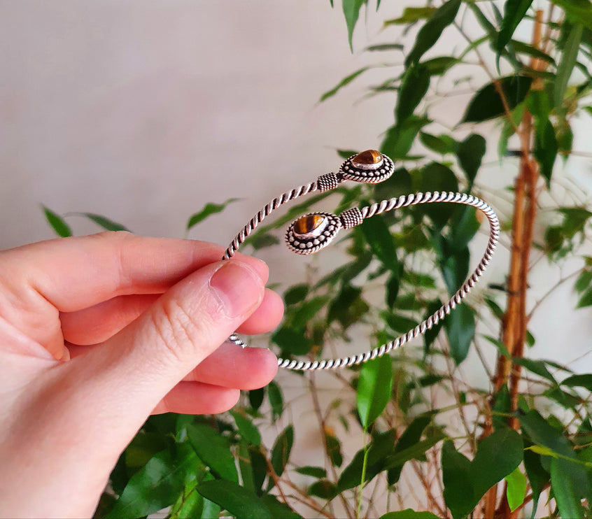 Silver Arm Bracelet Brass & Tiger Eye / Tribal / Spiral / Boho / Bangle/ Ethnic / Rustic / Bohemian / Hippie / Gypsy / Psy / Adjustable