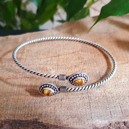 Silver Arm Bracelet Brass & Tiger Eye / Tribal / Spiral / Boho / Bangle/ Ethnic / Rustic / Bohemian / Hippie / Gypsy / Psy / Adjustable