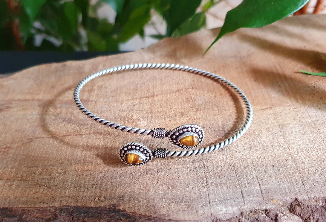 Silver Arm Bracelet Brass & Tiger Eye / Tribal / Spiral / Boho / Bangle/ Ethnic / Rustic / Bohemian / Hippie / Gypsy / Psy / Adjustable