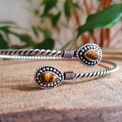 Silver Arm Bracelet Brass & Tiger Eye / Tribal / Spiral / Boho / Bangle/ Ethnic / Rustic / Bohemian / Hippie / Gypsy / Psy / Adjustable