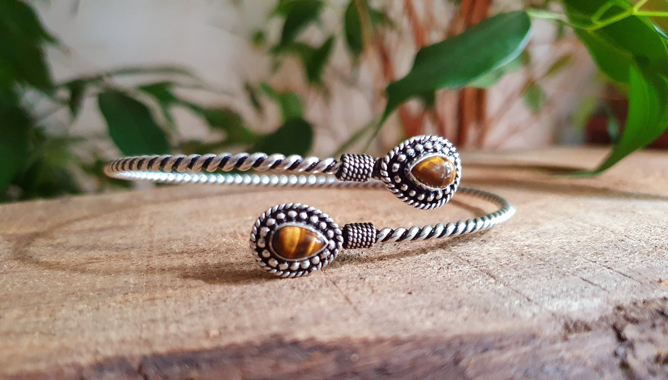 Silver Arm Bracelet Brass & Tiger Eye / Tribal / Spiral / Boho / Bangle/ Ethnic / Rustic / Bohemian / Hippie / Gypsy / Psy / Adjustable