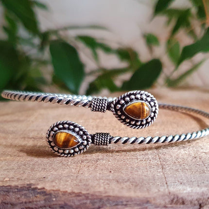 Silver Arm Bracelet Brass & Tiger Eye / Tribal / Spiral / Boho / Bangle/ Ethnic / Rustic / Bohemian / Hippie / Gypsy / Psy / Adjustable