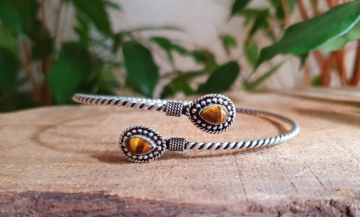 Silver Arm Bracelet Brass & Tiger Eye / Tribal / Spiral / Boho / Bangle/ Ethnic / Rustic / Bohemian / Hippie / Gypsy / Psy / Adjustable