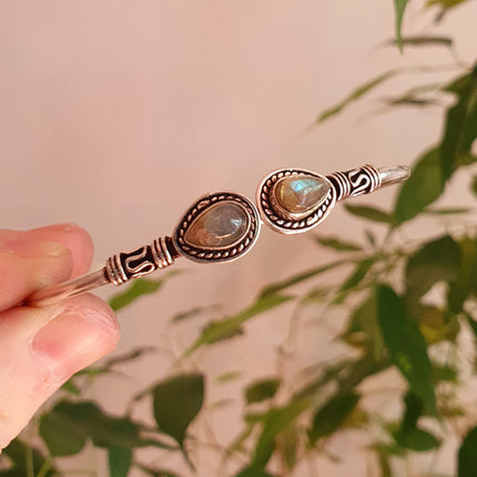 Bali Boho Silver Bracelet / Labradorite / Bangle / Ethnic / Rustic / Bohemian / Hippie / Gypsy / Psy / Adjustable
