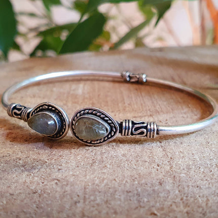 Bali Boho Silver Bracelet / Labradorite / Bangle / Ethnic / Rustic / Bohemian / Hippie / Gypsy / Psy / Adjustable