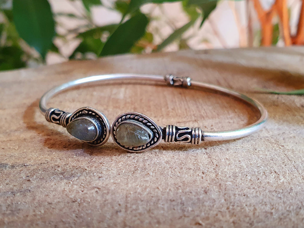 Bali Boho Silver Bracelet / Labradorite / Bangle / Ethnic / Rustic / Bohemian / Hippie / Gypsy / Psy / Adjustable