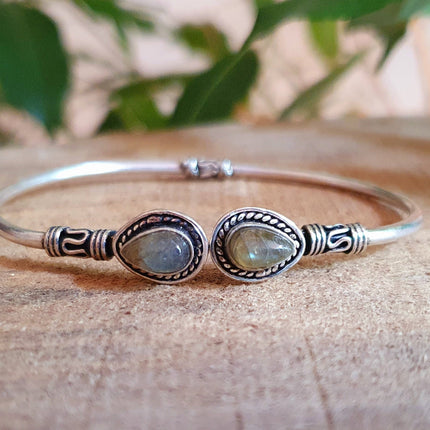 Bali Boho Silver Bracelet / Labradorite / Bangle / Ethnic / Rustic / Bohemian / Hippie / Gypsy / Psy / Adjustable