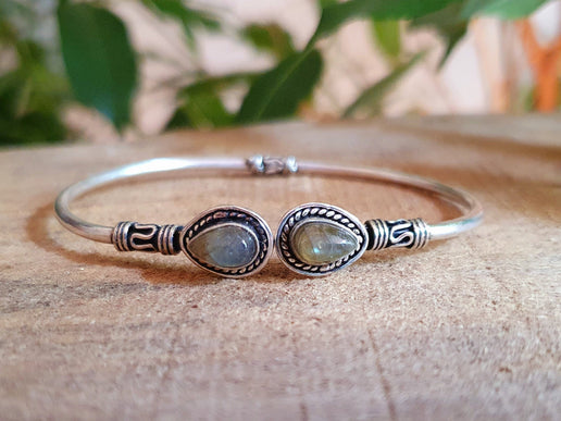 Bali Boho Silver Bracelet / Labradorite / Bangle / Ethnic / Rustic / Bohemian / Hippie / Gypsy / Psy / Adjustable