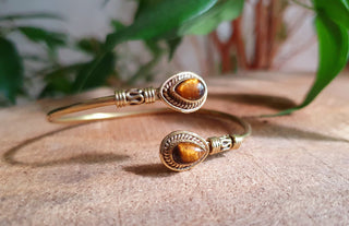 Bali Boho Brass Bracelet / Tiger Eye / Bangle / Ethnic / Rustic / Bohemian / Hippie / Gypsy / Psy / Adjustable