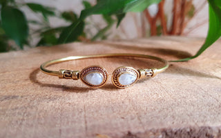 Bali Boho Brass Bracelet / Moonstone / Bangle / Ethnic / Rustic / Bohemian / Hippie / Gypsy / Psy / Adjustable