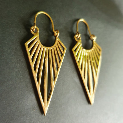 Geometric Tribal Triangle Aztec Style Brass Earrings; Ethnic, Geometric, rustic, yoga, hippie, gypsy, psy, boho, bohemian, Contemporary