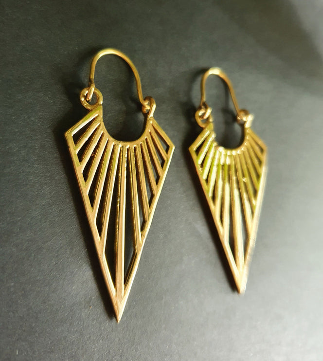 Geometric Tribal Triangle Aztec Style Brass Earrings; Ethnic, Geometric, rustic, yoga, hippie, gypsy, psy, boho, bohemian, Contemporary