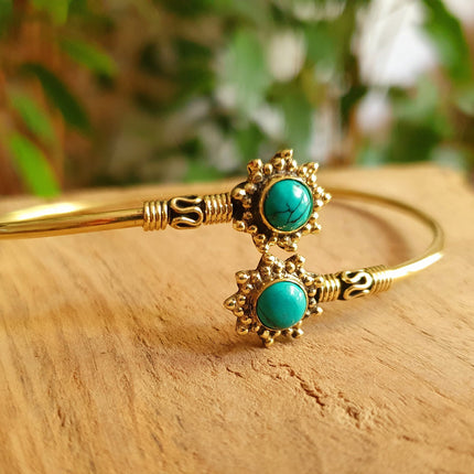 Bali Flower Brass Bracelet / Turquoise / Bangle / Ethnic / Rustic / Bohemian / Hippie / Gypsy / Psy / Adjustable