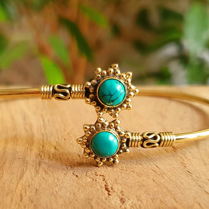 Bali Flower Brass Bracelet / Turquoise / Bangle / Ethnic / Rustic / Bohemian / Hippie / Gypsy / Psy / Adjustable