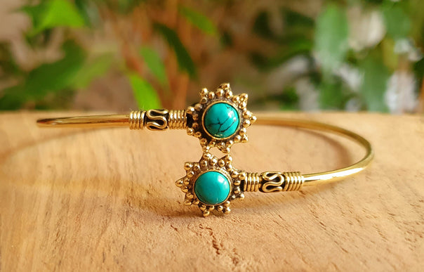 Bali Flower Brass Bracelet / Turquoise / Bangle / Ethnic / Rustic / Bohemian / Hippie / Gypsy / Psy / Adjustable