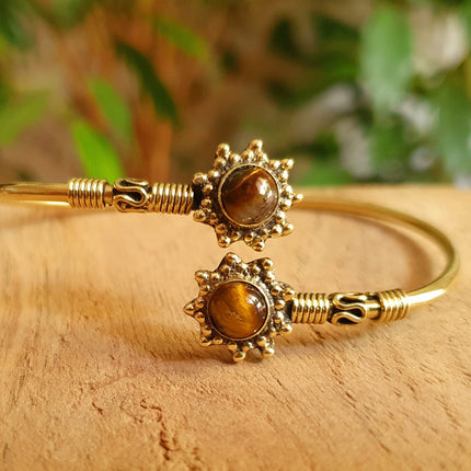 Bali Flower Brass Bracelet / Tiger Eye / Bangle / Ethnic / Rustic / Bohemian / Hippie / Gypsy / Psy / Adjustable