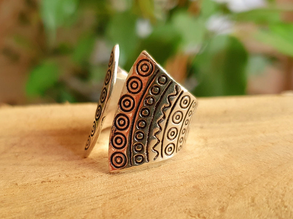 Aztec Silver Ring / Unisex / Mens / Inca / Geometric / Boho / Ethnic / Rustic / Festival / Bohemian / Hippie / Gypsy / Psy