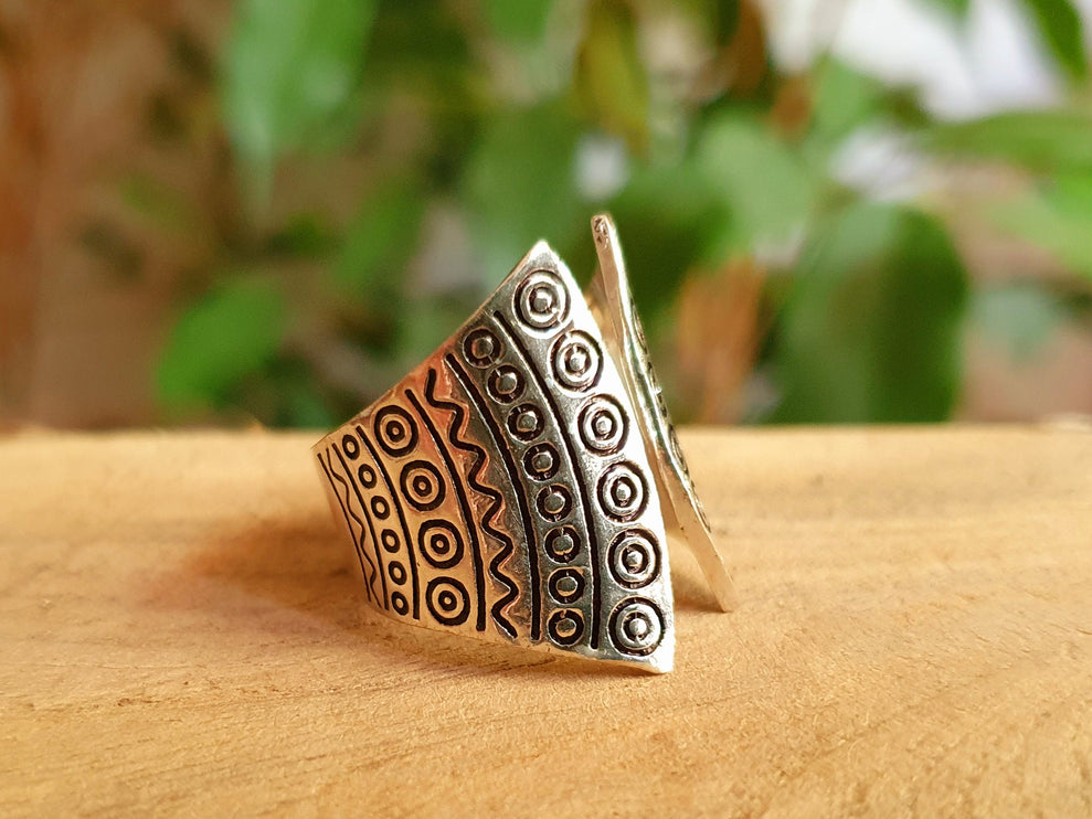 Aztec Silver Ring / Unisex / Mens / Inca / Geometric / Boho / Ethnic / Rustic / Festival / Bohemian / Hippie / Gypsy / Psy