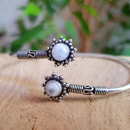 Moonstone Bracelet Bali Flower Silver Bangle / Ethnic / Rustic / Bohemian / Hippie / Gypsy / Psy / Adjustable